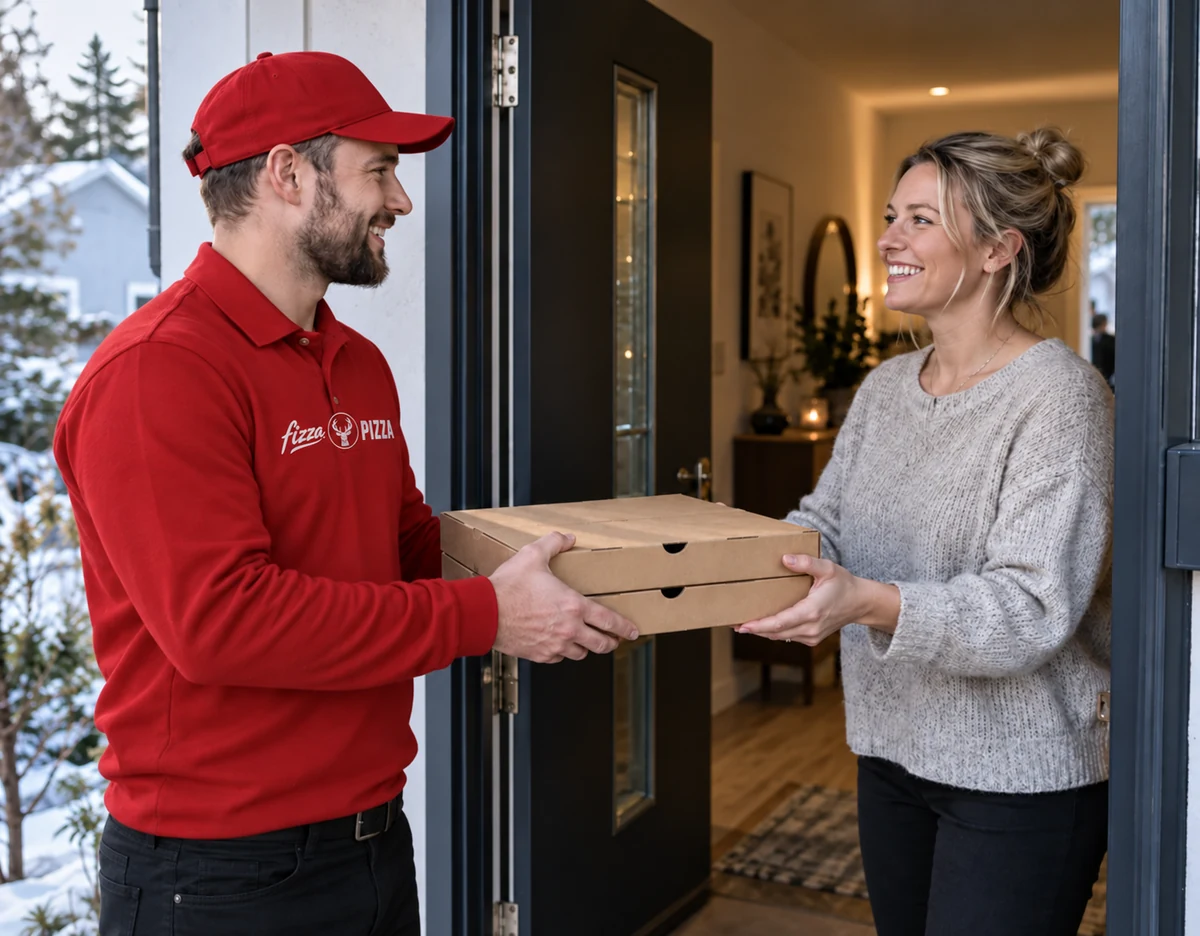 A courier wearing a red Fizza Pizza shirt hands pizza boxes to a customer at her front door.